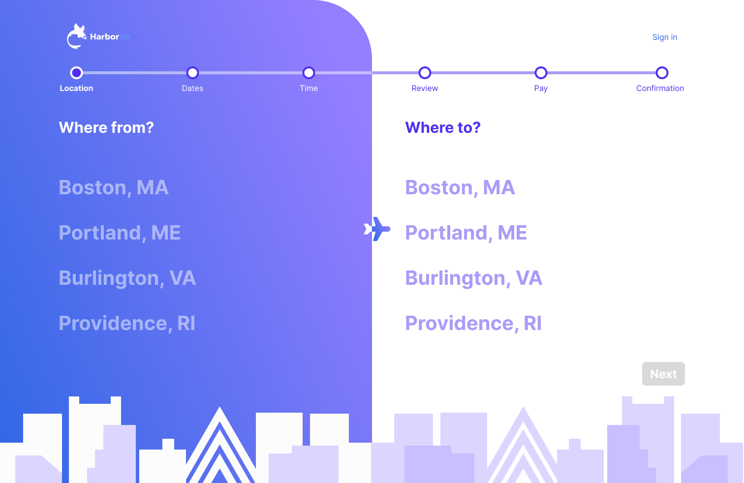 Location selection screen
